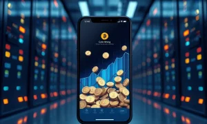 Smartphone generating passive income through cloud mining technology with digital currency visualization