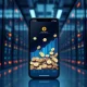 Smartphone generating passive income through cloud mining technology with digital currency visualization