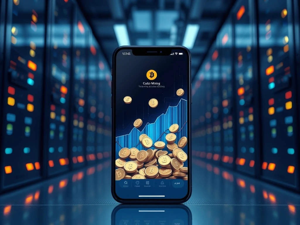 Smartphone generating passive income through cloud mining technology with digital currency visualization