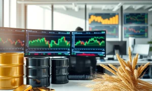 Commodities market trading desk with gold, oil, and agricultural price charts displayed on monitors