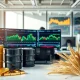 Commodities market trading desk with gold, oil, and agricultural price charts displayed on monitors