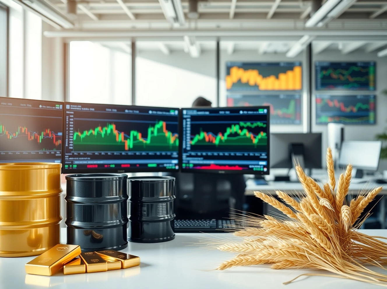 Commodities market trading desk with gold, oil, and agricultural price charts displayed on monitors