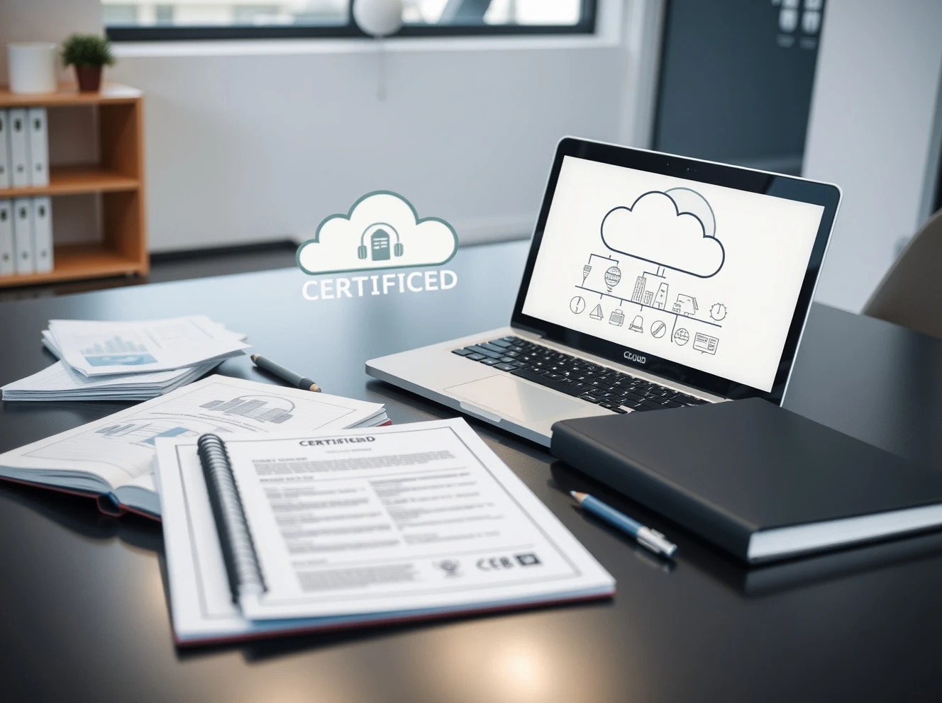 Professional studying for CompTIA Cloud Essentials+ Certification with cloud computing materials