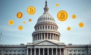 Congress debating critical crypto regulation with digital currency symbols in legislative setting
