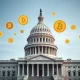 Congress debating critical crypto regulation with digital currency symbols in legislative setting