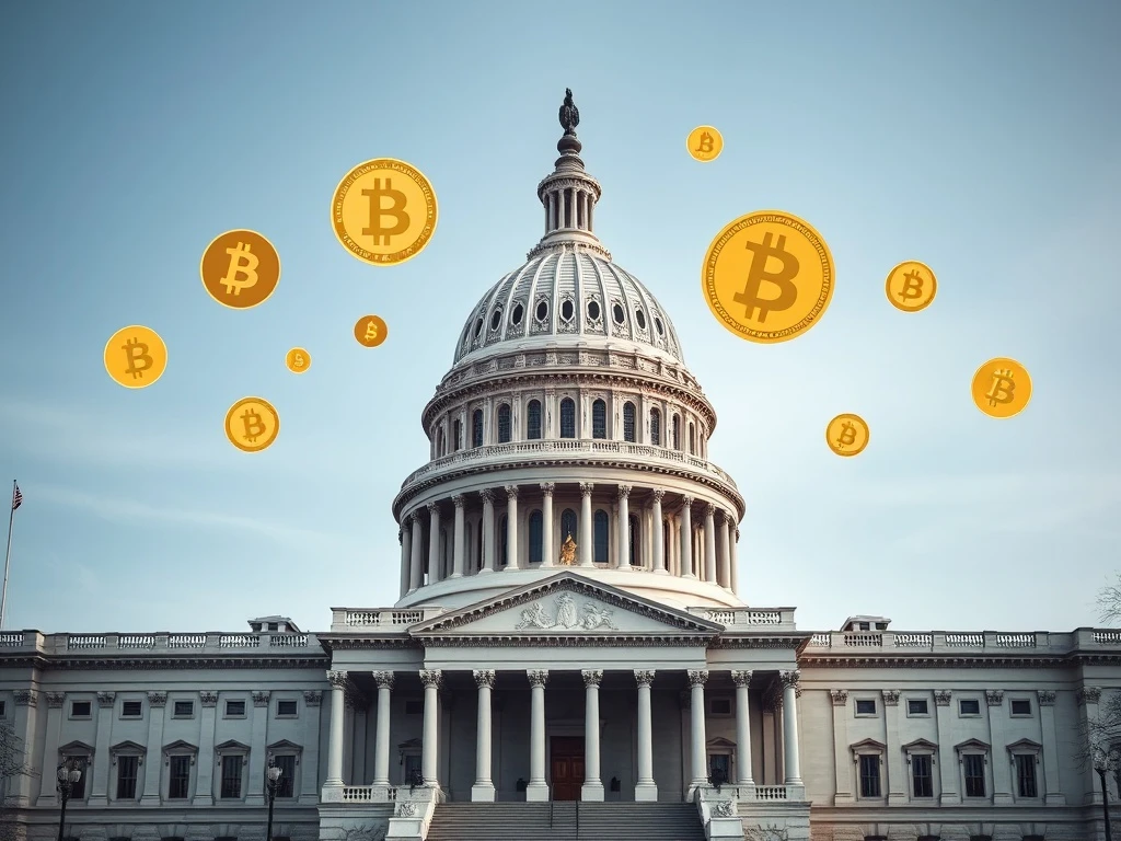 Congress debating critical crypto regulation with digital currency symbols in legislative setting