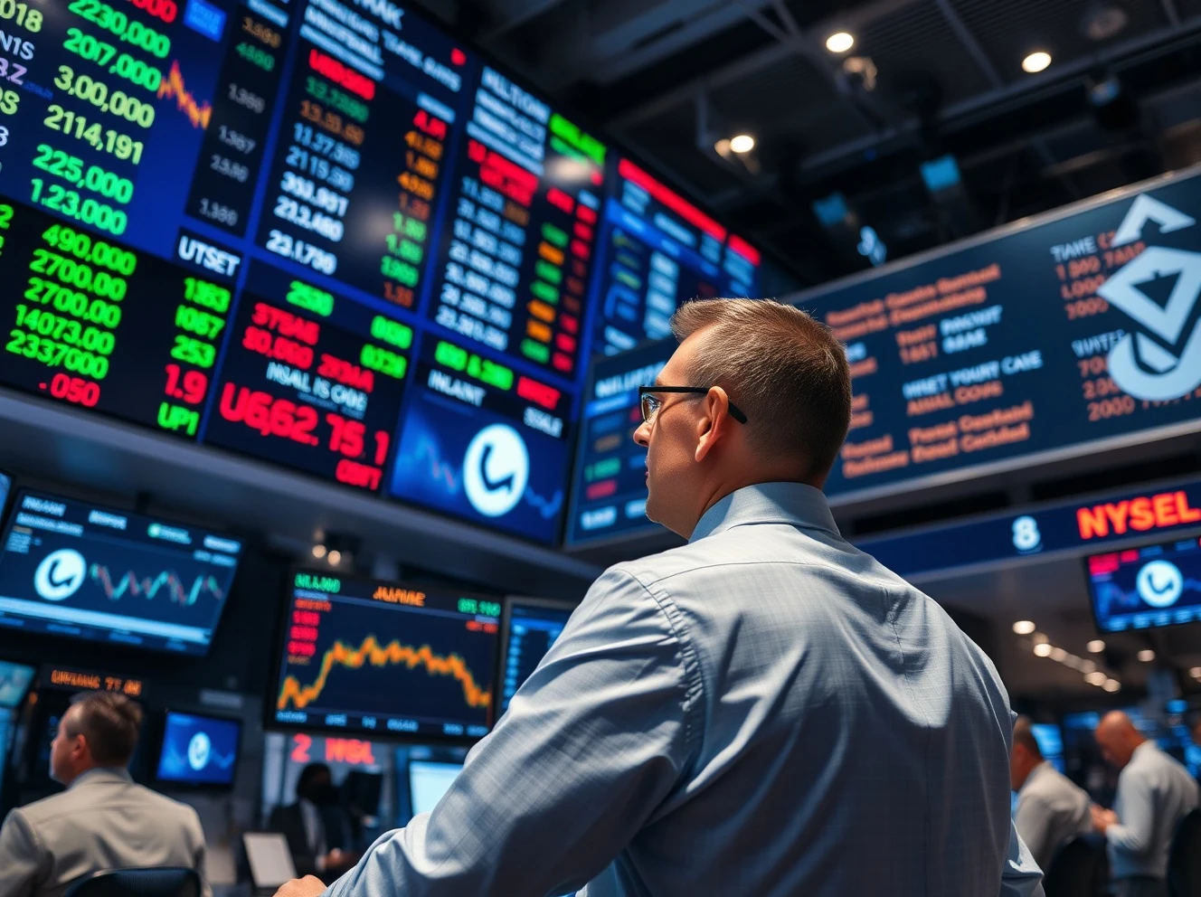 Analyst monitoring consumer inflation data on multiple financial screens during market hours