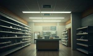 Abandoned convenience store showing retail collapse and convenience store closures with empty shelves