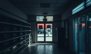 Empty convenience store showing recent closures with abandoned shelves and closed signs
