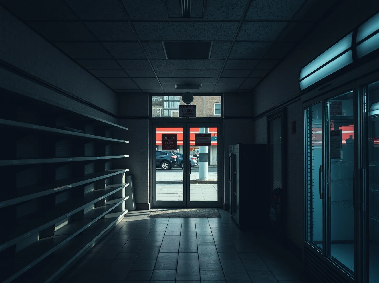 Empty convenience store showing recent closures with abandoned shelves and closed signs