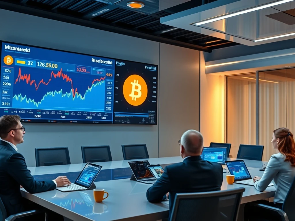 Corporate Bitcoin accumulation strategy analysis showing financial charts and boardroom decision making