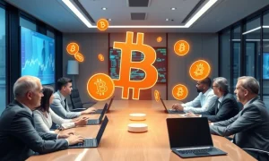 Corporate Bitcoin treasury strategy meeting with digital currency visualization