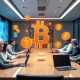 Corporate Bitcoin treasury strategy meeting with digital currency visualization