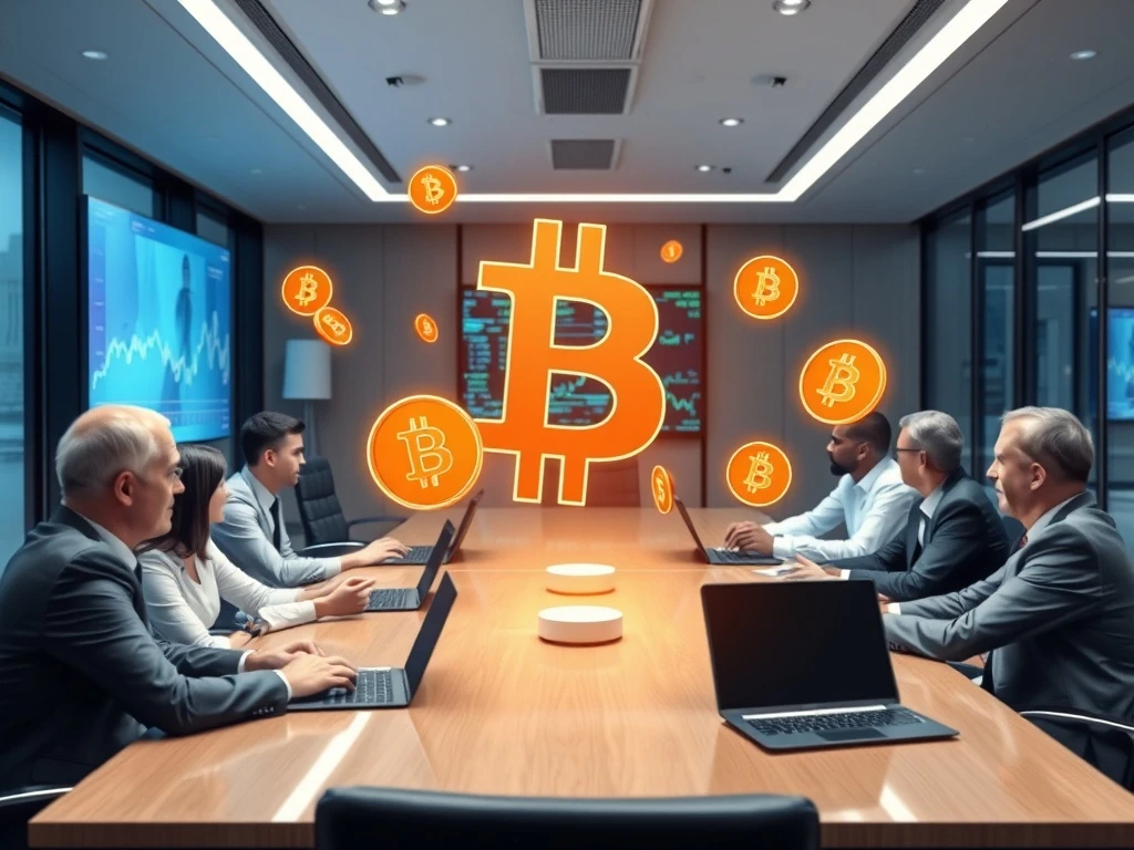 Corporate Bitcoin treasury strategy meeting with digital currency visualization