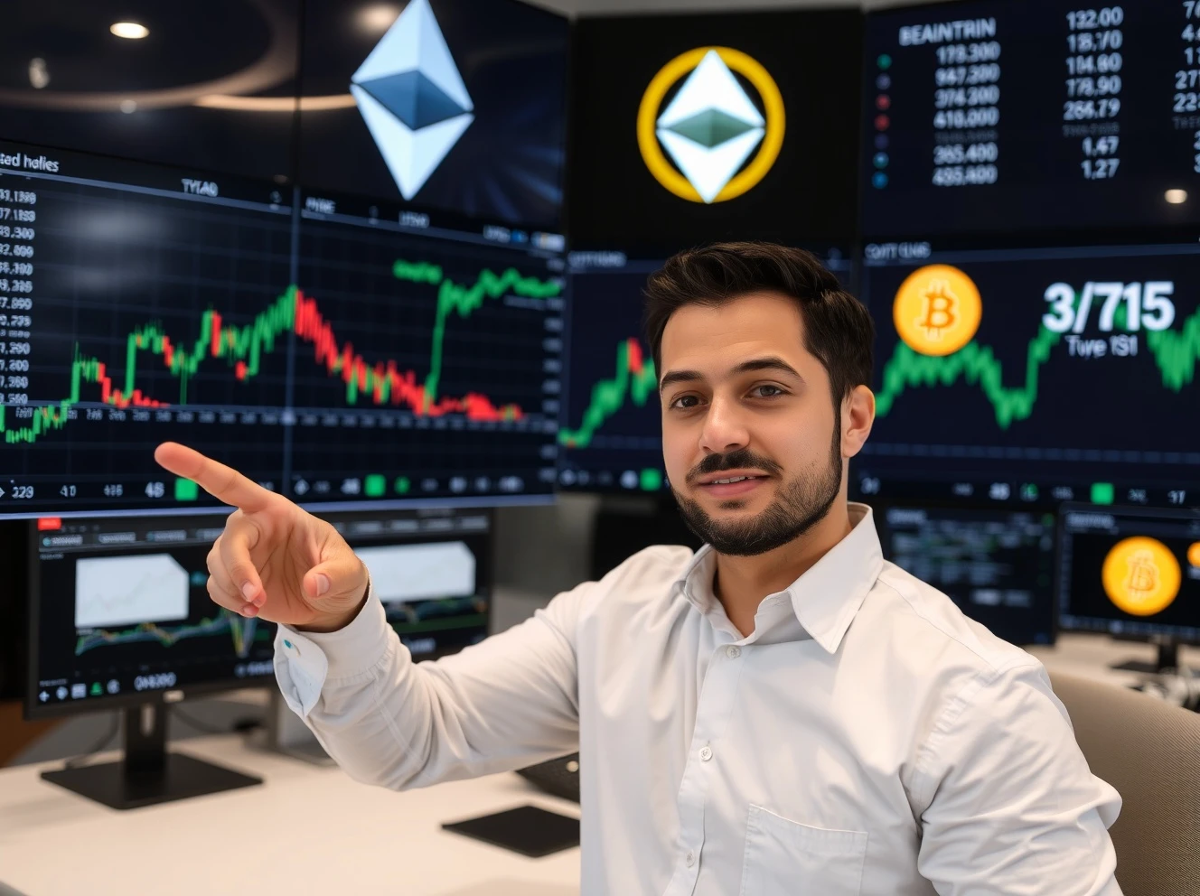 Economist analyzing crypto bull cycle trends with market charts showing Ethereum and Bitcoin performance