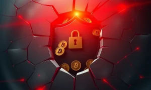 Crypto crime vulnerabilities in financial systems showing security breach with digital currency symbols