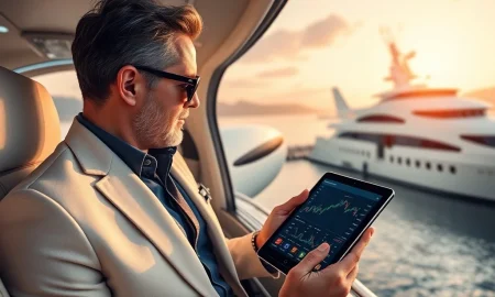 Wealthy crypto investor using digital assets for luxury travel experiences including private jets and premium resorts
