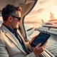 Wealthy crypto investor using digital assets for luxury travel experiences including private jets and premium resorts