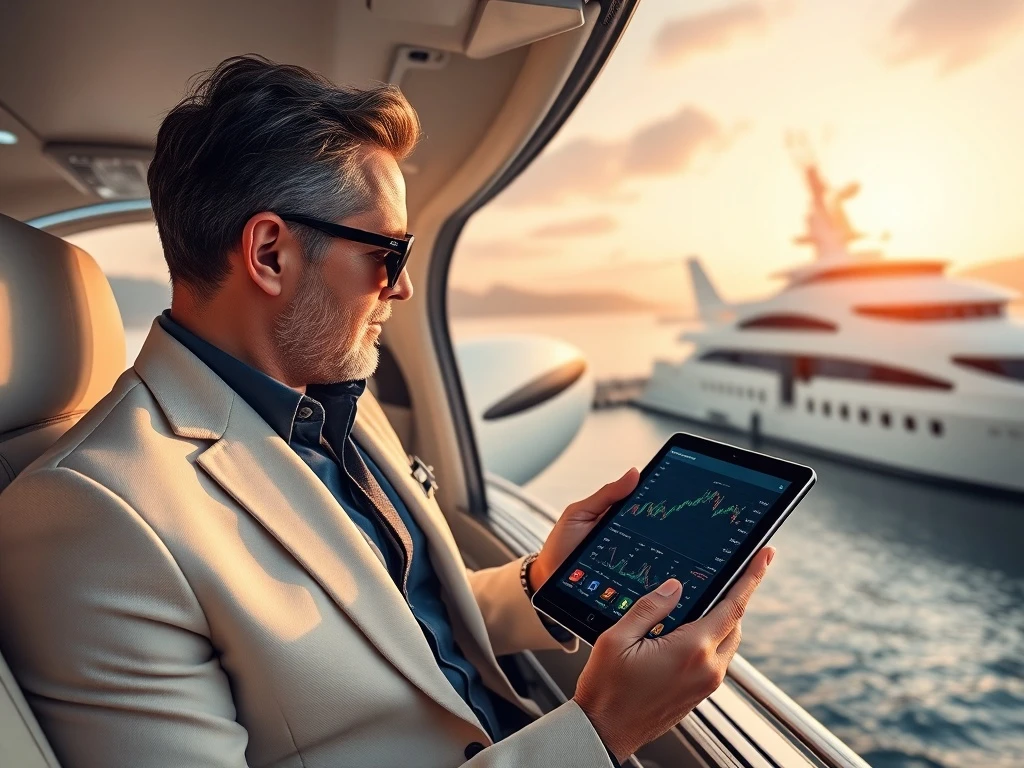 Wealthy crypto investor using digital assets for luxury travel experiences including private jets and premium resorts