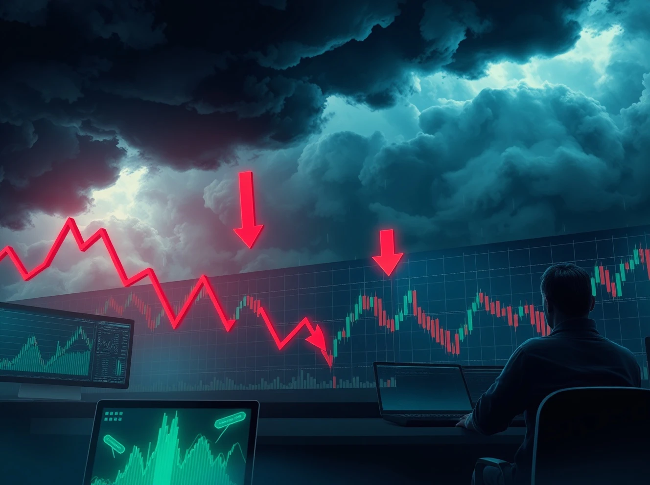 Warning sign for impending crypto market crash with falling cryptocurrency charts and red indicators