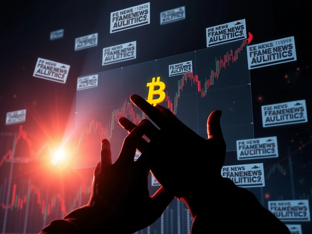 Crypto market manipulation revealed through shadowy hands manipulating digital charts with fake news
