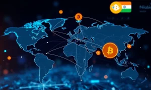 Global crypto on-ramp revolution showing digital money flows between India and US with Bitcoin integration