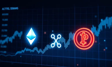 AI analyzing crypto price predictions for major cryptocurrencies with market trend visualization