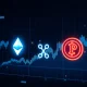 AI analyzing crypto price predictions for major cryptocurrencies with market trend visualization
