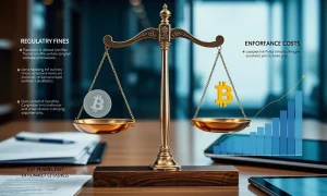Crypto regulatory compliance balancing scales with rising enforcement costs and digital currency symbols