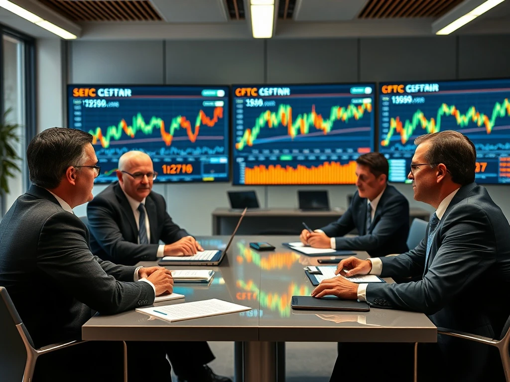 SEC and CFTC officials approving crypto trading regulations with digital market charts
