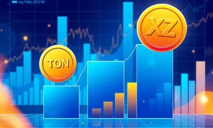 Three rising cryptocurrency coins representing the explosive crypto triad of Toncoin, XRP, and XYZVerse for 2025 investment growth