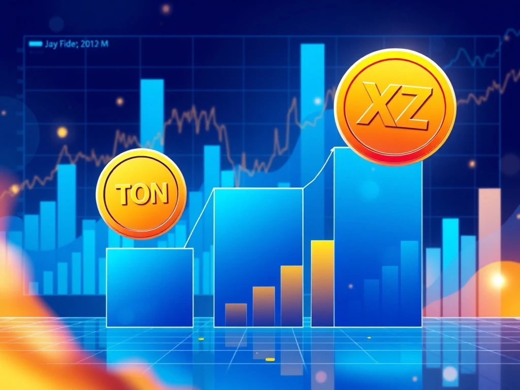 Three rising cryptocurrency coins representing the explosive crypto triad of Toncoin, XRP, and XYZVerse for 2025 investment growth