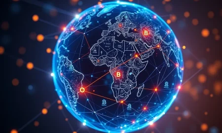 Global map showing exponential growth of crypto users with network connections and digital currency symbols