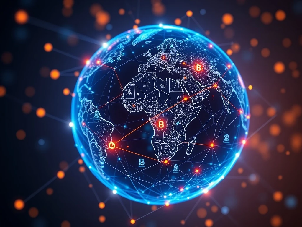 Global map showing exponential growth of crypto users with network connections and digital currency symbols