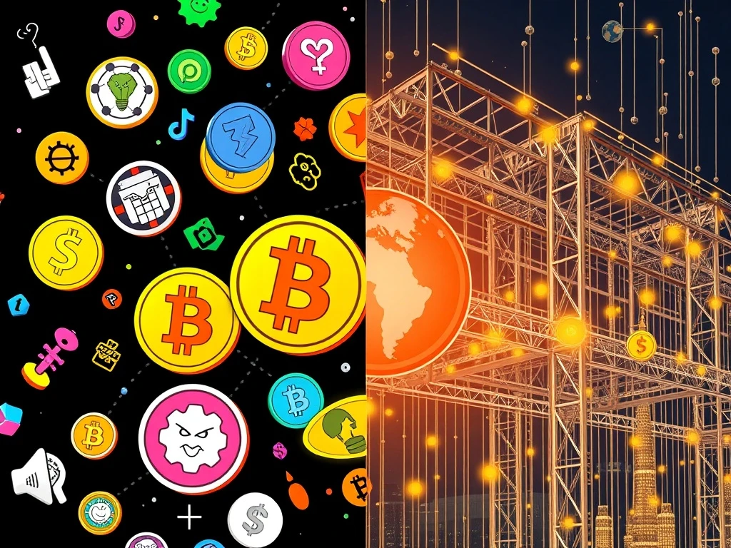 Crypto utility comparison showing meme coin hype versus real-world financial solutions in digital currency market