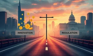 Cryptocurrency regulation crossroads showing innovation versus regulation paths in 2025 financial landscape