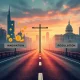 Cryptocurrency regulation crossroads showing innovation versus regulation paths in 2025 financial landscape