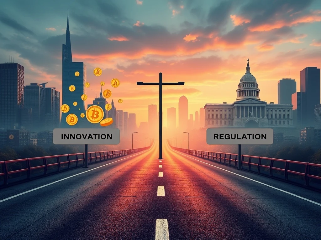 Cryptocurrency regulation crossroads showing innovation versus regulation paths in 2025 financial landscape