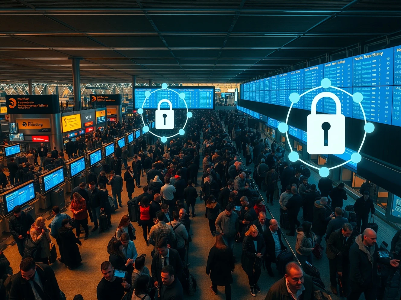 Cyberattack disrupting airport operations with delayed flights and passenger queues at check-in counters