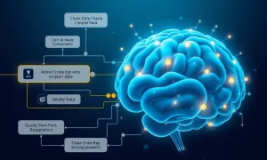 Data quality AI pipeline showing filtered information flowing into artificial intelligence system