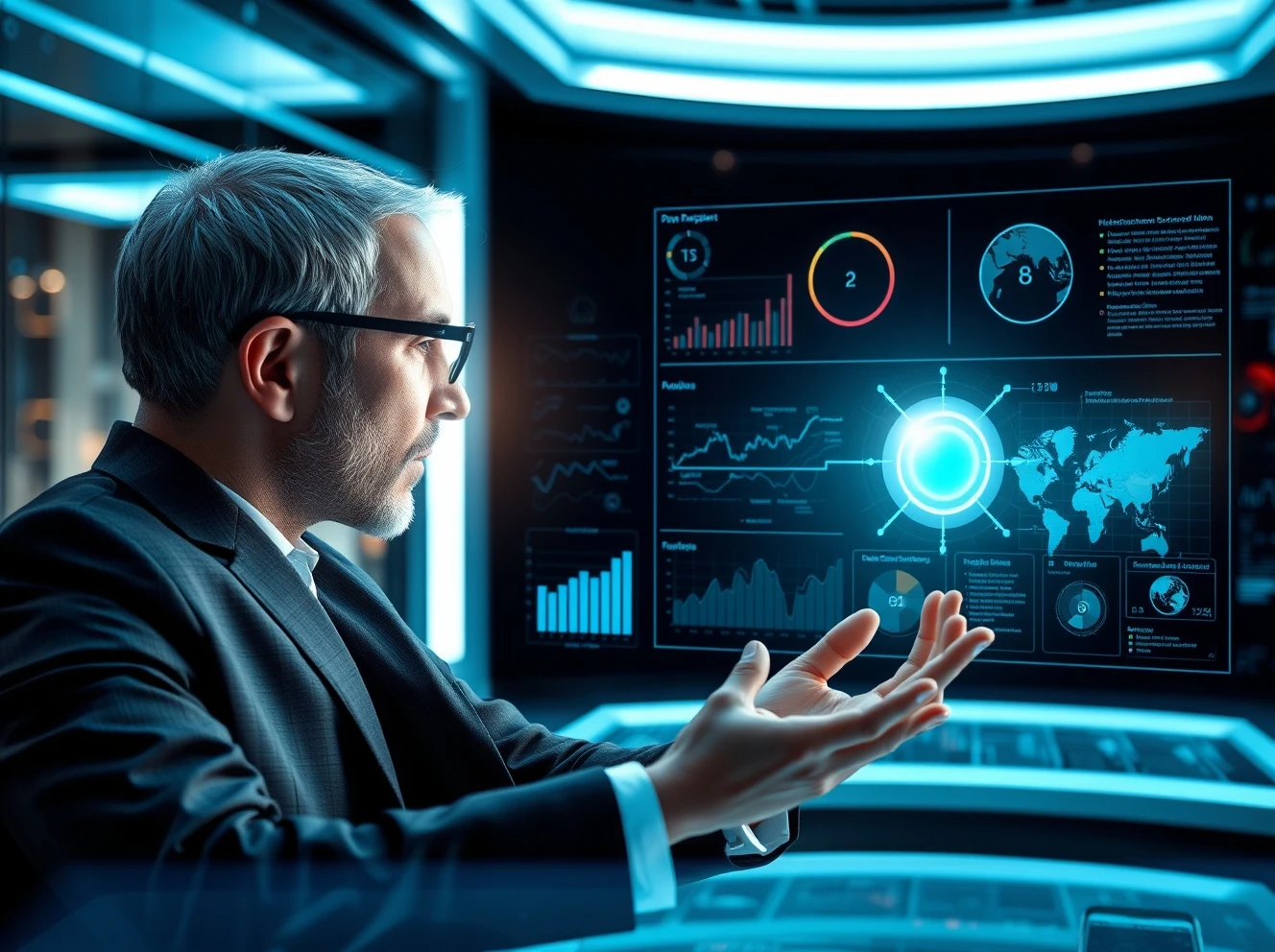 A dynamic holographic display shows key metrics and a clear path forward, representing how Decision Intelligence provides actionable insights for business growth.