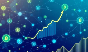 Dynamic visualization of DeFi market growth showing interconnected financial networks and rising value charts