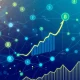 Dynamic visualization of DeFi market growth showing interconnected financial networks and rising value charts