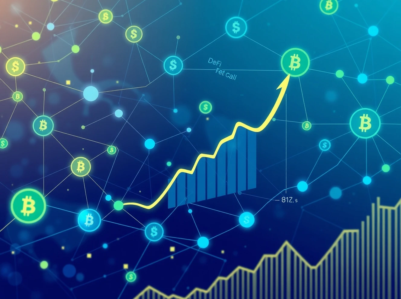 Dynamic visualization of DeFi market growth showing interconnected financial networks and rising value charts