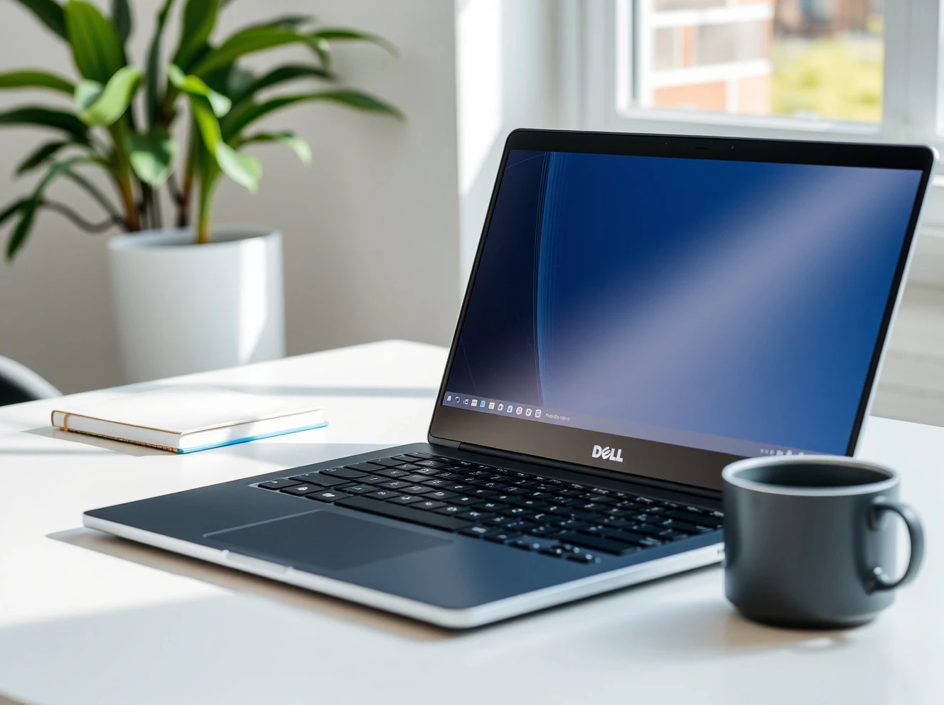 Dell Inspiron work laptop on professional desk setup for remote productivity