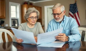 Elderly couple discussing Social Security taxes elimination proposal with financial documents