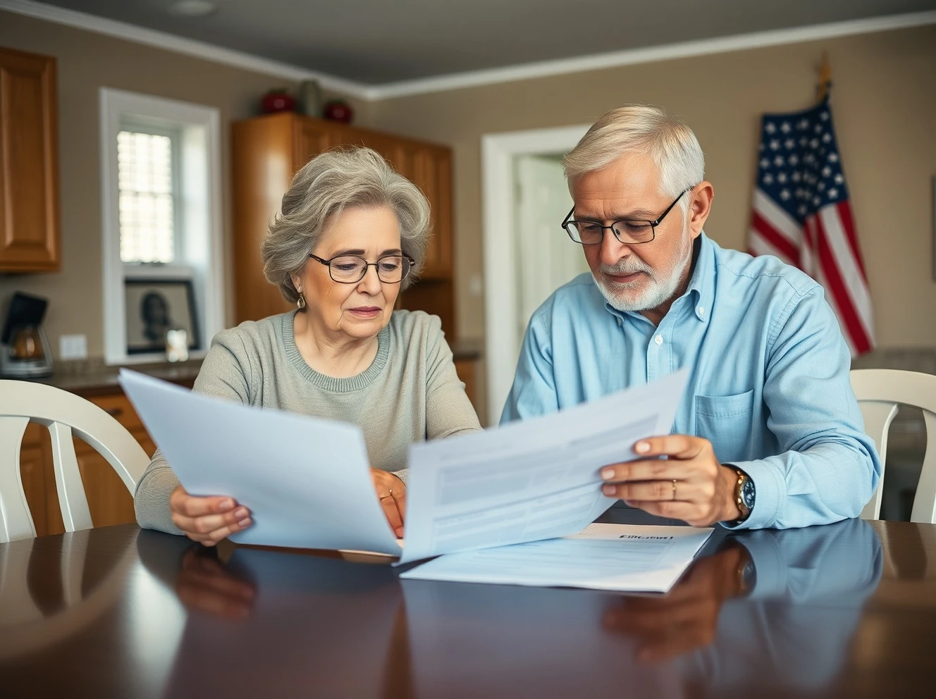 Elderly couple discussing Social Security taxes elimination proposal with financial documents