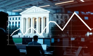 Federal Reserve building with chart showing three descending Fed rate cuts impacting financial markets