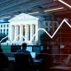 Federal Reserve building with chart showing three descending Fed rate cuts impacting financial markets