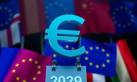 Digital euro currency symbol with European Union background showing 2029 launch timeline